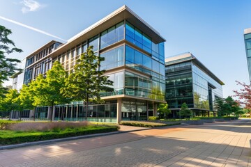 Modern office buildings surrounded by greenery and walkways under a clear blue sky.
