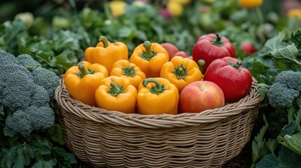 Freshly Harvested Colorful Vegetables in a Rustic Basket Surrounded by Lush Greenery with Red and Yellow Bell Peppers and Broccoli