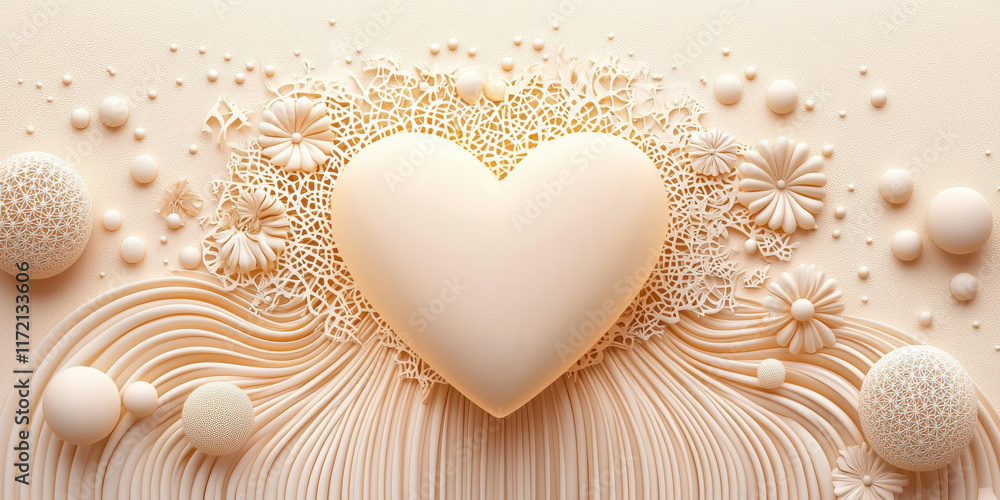 Poster glowing heart surrounded by intricate patterns and soft textures