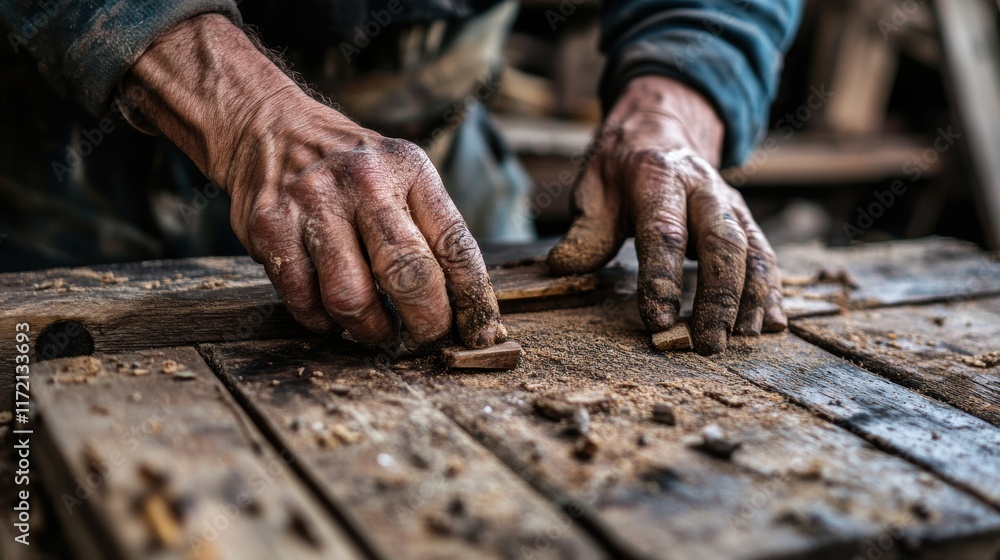 Poster a close-up of hands working with wood, showcasing craftsmanship and the texture of the material in a