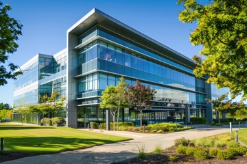 Obraz premium Modern glass office building surrounded by landscaped greenery and blue sky.