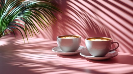 Two White Coffee Cups on Pink Surface with Palm Leaf Shadows Creating a Tropical and Refreshing Atmosphere for Relaxation and Enjoyment of Morning Beverage