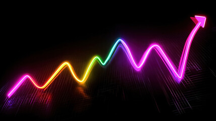A futuristic line graph with glowing neon lines in vibrant colors, depicting upward financial trends, dynamically displayed on a sleek, polished black digital background with subtle grid patterns.