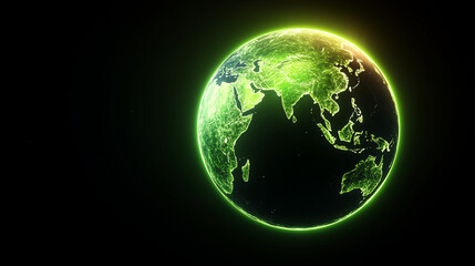 Fototapeta premium Glowing green Earth with illuminated continents on a dark background