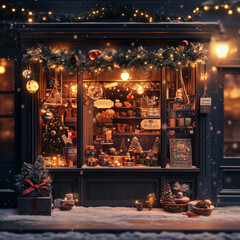 A cozy and festive local shop window display with Christmas lights and decorations, creating a warm and inviting atmosphere shop Local text hanging board, created with generative ai - 