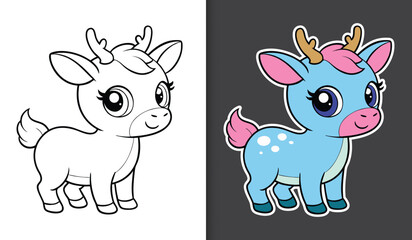 Cute cartoon deer unicorn character coloring page with sticker