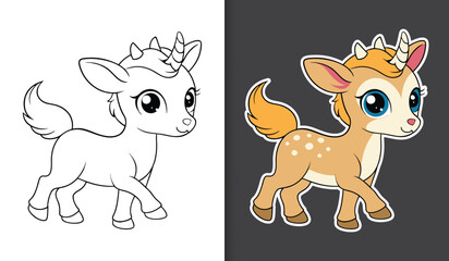 Cute cartoon deer unicorn character coloring page with sticker