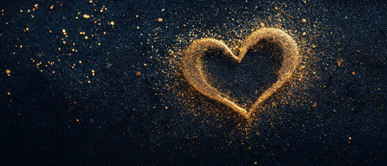 golden heart shape created with glitter on dark background