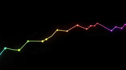 A futuristic line graph with glowing neon lines in vibrant colors, depicting upward financial trends, dynamically displayed on a sleek, polished black digital background with subtle grid patterns.