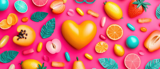 Fototapeta premium Bright heart shape surrounded by colorful fruits and candies on pink background
