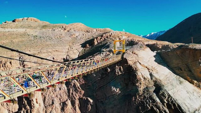 Closeup shot of Chicham bridge between Chicham and Kibber village in Spiti Valley, Himachal Pradesh, India. Asia's highest cable stayed bridge in Spiti Valley. Bridge between two mountains in Himalaya