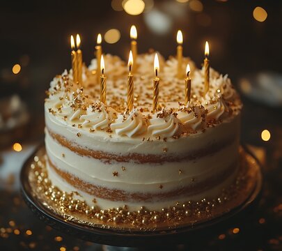 Golden birthday cake with candles. - Powered by Adobe