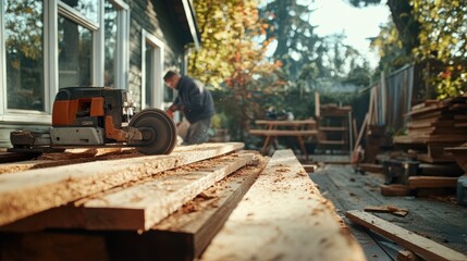 Fototapeta premium A person is working with wood in a sunlit outdoor workshop, surrounded by wooden planks and tools, emphasizing craftsmanship and nature.