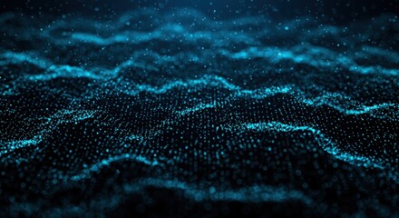 Abstract digital waves, blue neon particles, flowing data visualization, futuristic technology