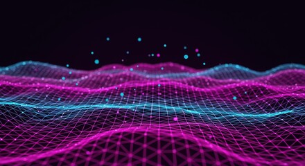 Abstract digital landscape, wireframe mesh waves, vibrant neon pink and cyan, geometric