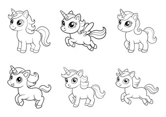 Cute cartoon unicorn character coloring page with sticker bundle set