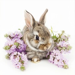 Fototapeta premium A cute bunny hiding in a flower patch, isolated in white, white background