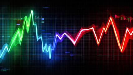 A futuristic line graph with sharp, glowing neon lines in red, blue, and green, dynamically displaying peaks and valleys on a sleek, dark digital interface with subtle grid patterns and data points.