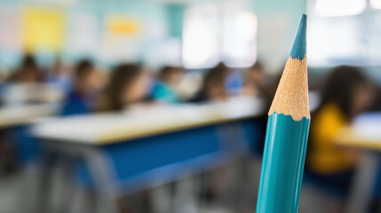 Back to school, close up of pencil, background of students in class