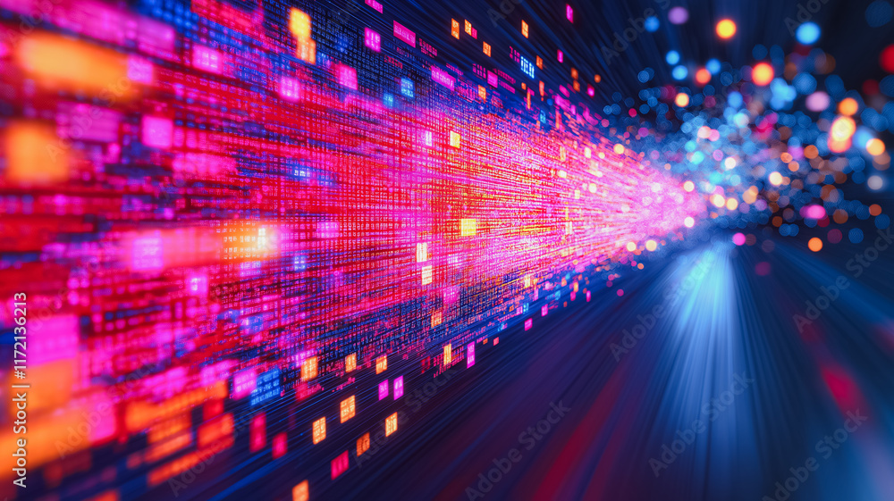 Poster digital data stream: abstract tunnel of vibrant, glowing data packets. a futuristic, high-tech visua