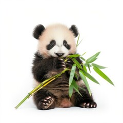 Naklejka premium A cute baby panda playing with bamboo