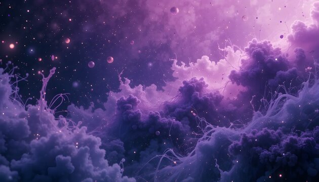 Mystic purple nebula cloudscape with floating spheres and subtle sparkling stars cosmic background