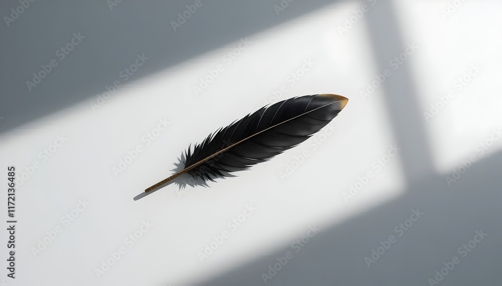 Aufkleber black feather lying on a white surface with contrasting shadows creating a minimalistic nature inspi