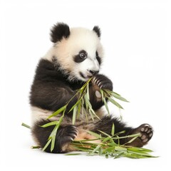 Naklejka premium A cute baby panda playing with bamboo