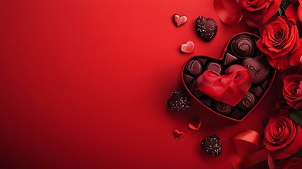 A Valentine's Day-themed image showing a heart-shaped gift box with chocolates and a red ribbon surrounded by roses on a bold red background with text space