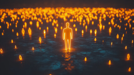 Glowing Individual Amidst a Crowd: A single, luminous figure stands out against a sea of smaller, glowing forms, creating a striking visual metaphor for individuality, leadership.