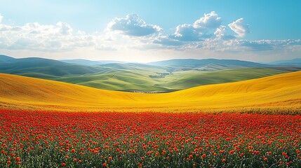 Obraz premium Vibrant poppy field in rolling hills under a sunny sky.