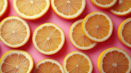 Fresh Lemon Slices Arranged in a Beautiful Pattern Over a Vibrant Pink Background, Capturing the Brightness and Juiciness of Citrus Fruits for Culinary and Design Use