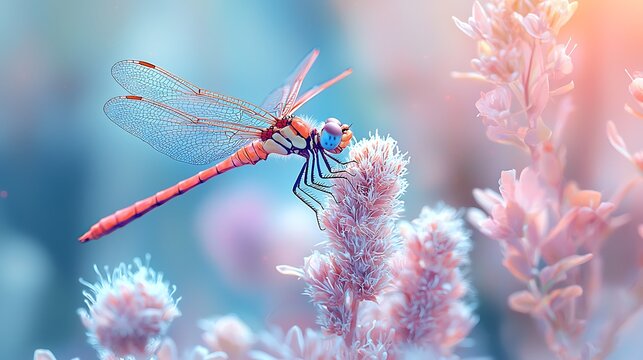 Vibrant red dragonfly perched on soft pink flower.