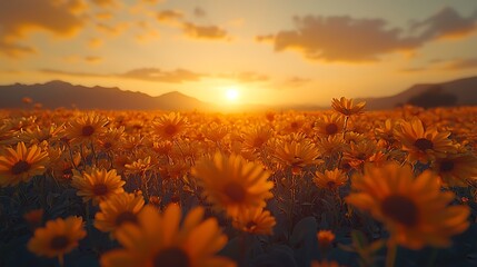 Fototapeta premium Vibrant sunset over a field of yellow flowers.