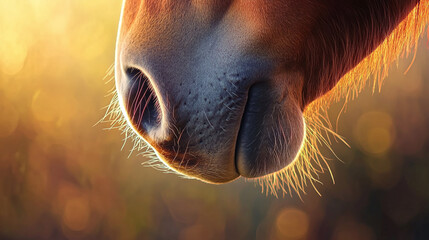 Naklejka premium An intimate close-up of a horse's nose, showcasing the soft skin and fine details, with a gentle light illuminating its features.