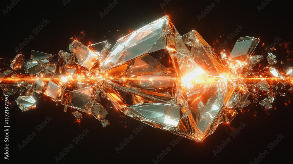Poster shattering crystal prism: a mesmerizing digital rendering of a crystal prism exploding into a fiery 