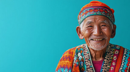 Fototapeta premium An old man dressed in traditional ethnic attire, smiling against a bright turquoise background, with plenty of copy space on the left.