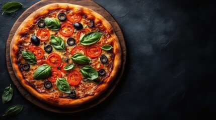 Deliciously Baked Pizza with Fresh Basil, Juicy Tomatoes, and Olives Served on a Rustic Wooden Board Against a Dark Background