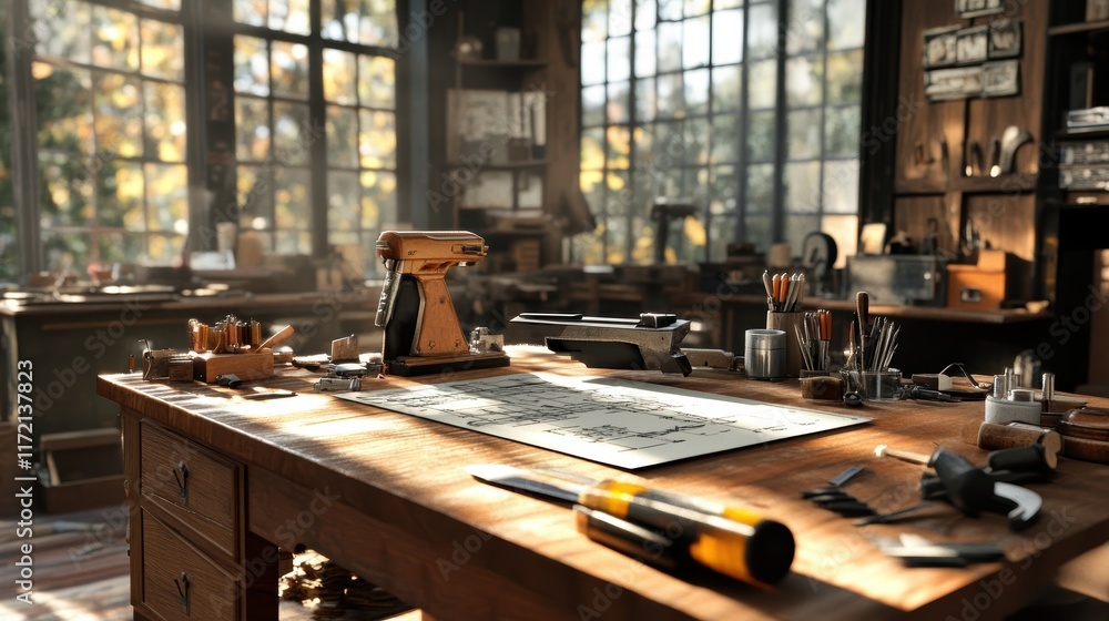 Poster a cozy workspace filled with tools and materials, illuminated by natural light streaming through lar