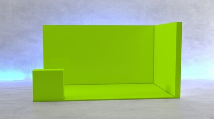 Blank indoor exhibition with work paths. Blank green trade exhibition booth system stand.
