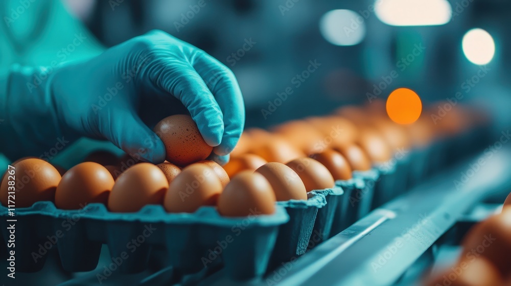 Poster egg sorting process in factory industrial environment close-up view precision and quality control