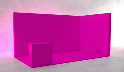 Blank indoor exhibition with work paths. Blank pink trade exhibition booth system stand.
