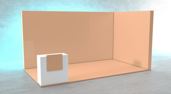 Blank indoor exhibition with work paths. Blank brown trade exhibition booth system stand.	
