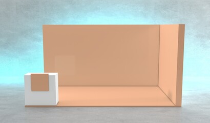 Blank indoor exhibition with work paths. Blank brown trade exhibition booth system stand.	
