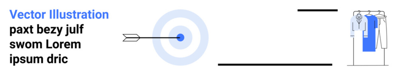 Arrow hitting a bullseye target with blue concentric circles, next to clothes hanging on a rack. Ideal for goal setting, precision, fashion, achievement, business, planning marketing themes. Landing