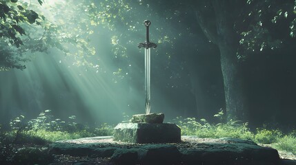 Naklejka premium A mystical sword embedded in a stone, surrounded by a serene forest atmosphere.