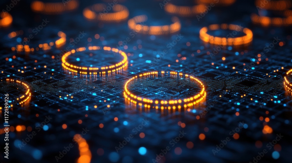 Poster abstract digital network with glowing circles and bright lights over a dark background, representing
