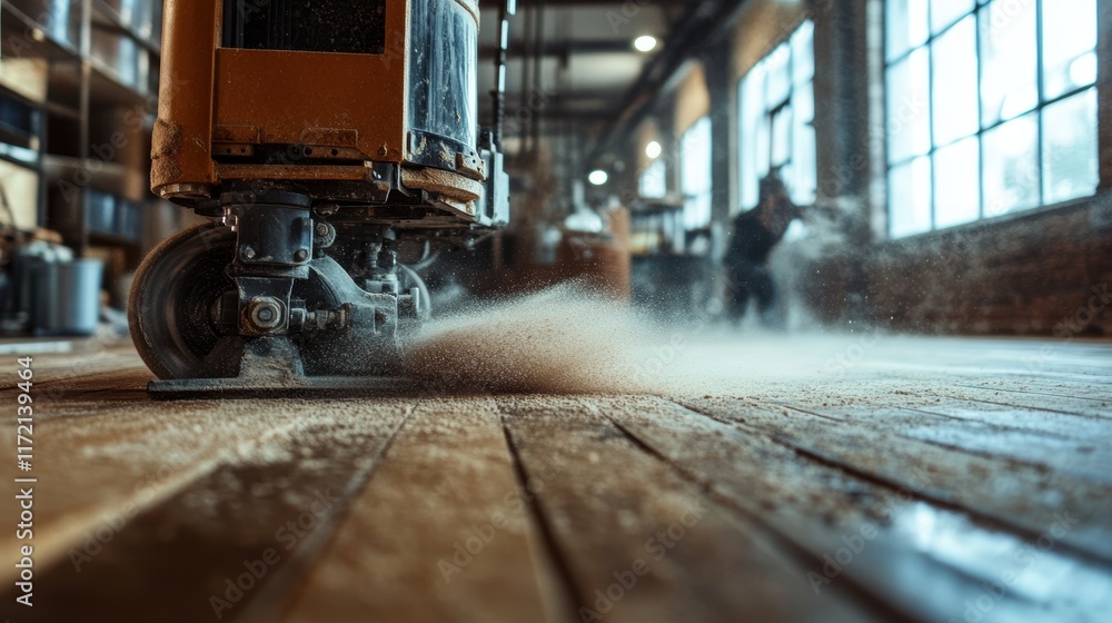 Poster A floor sanding machine is working on wooden floors, creating dust in a spacious, well-lit workshop with large windows.