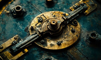 Naklejka premium Detailed close-up view of a vintage, ornate, brass mechanism with latches and gears.