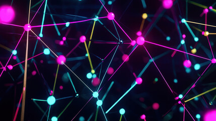 A futuristic network diagram with glowing nodes and neon connecting lines, floating on a holographic black background, creating a sleek and high-tech visualization of data connectivity and digital int